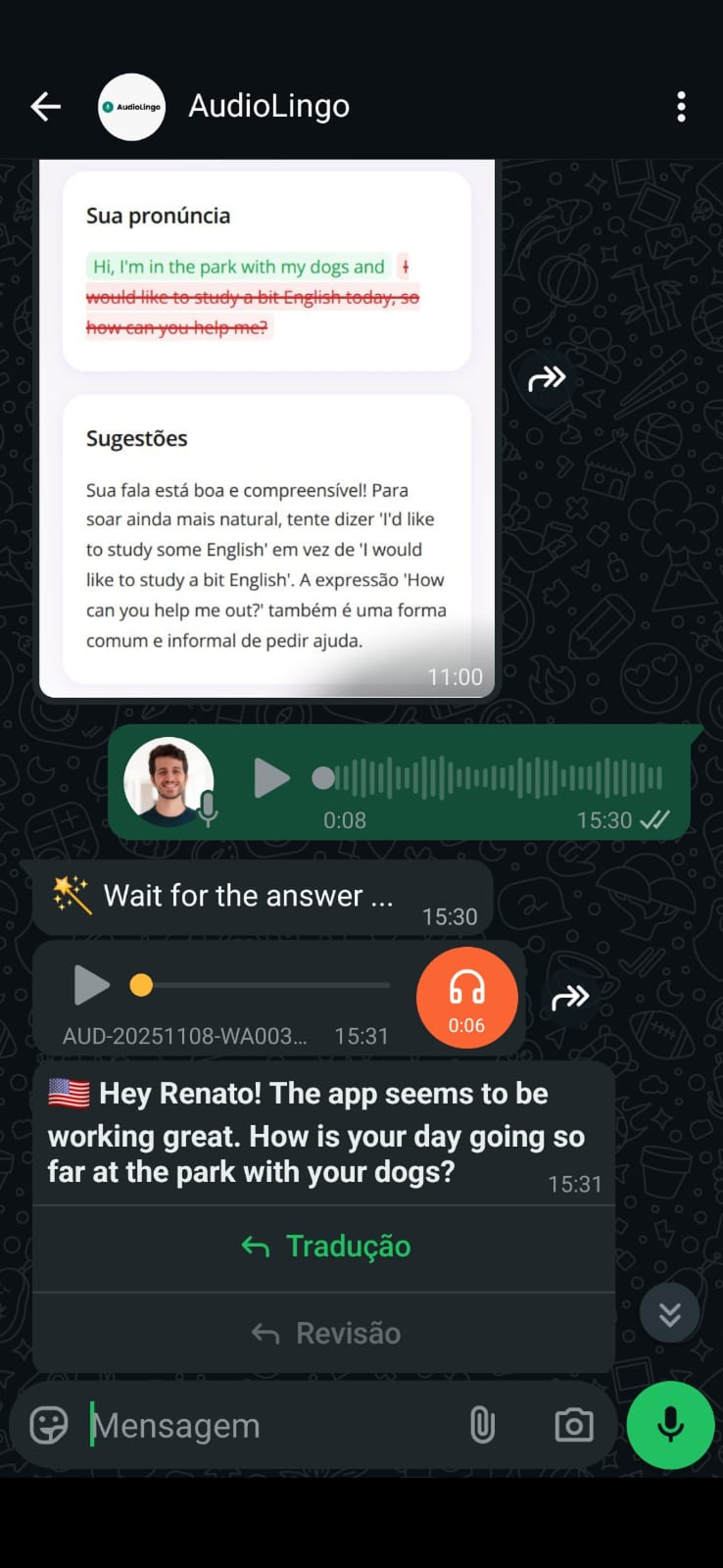 AudioLingo WhatsApp conversation preview